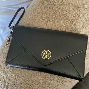 Tory Burch trifold envelop style clutch with wristlet and mirror